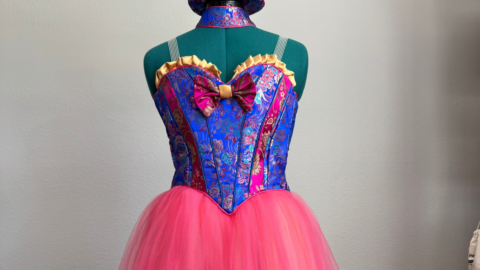 Custom blue and pink brocade ballet bodice.