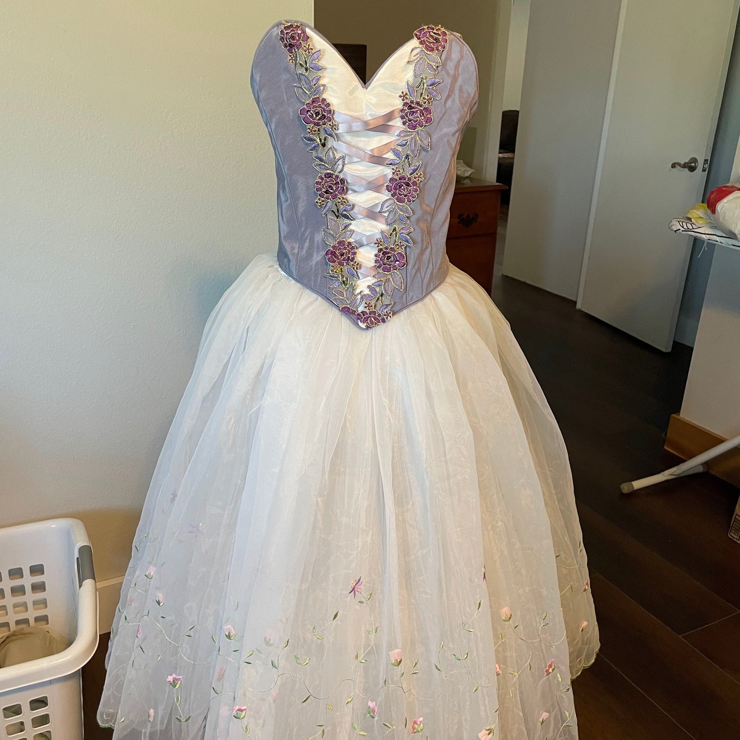 White romantic tutu with purple bodice.