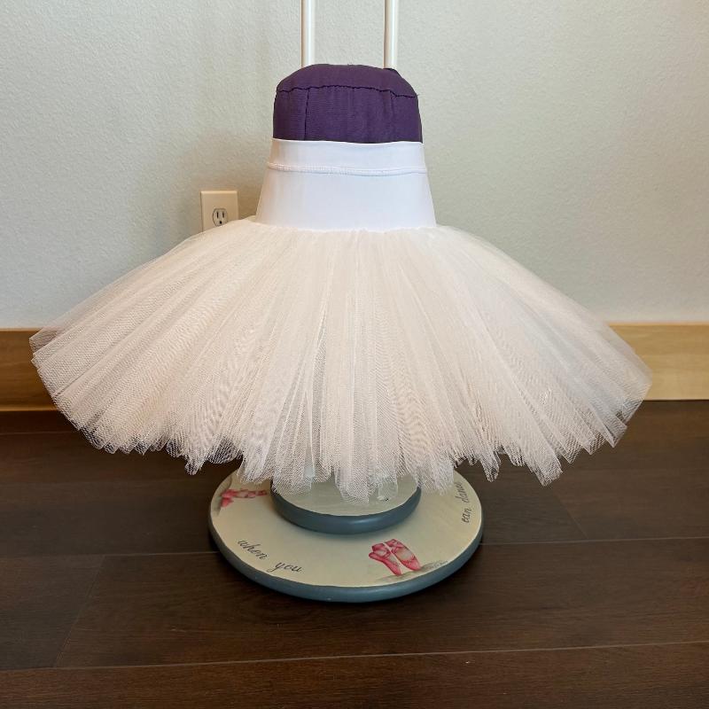 White spandex, pull on rehearsal tutu. made from comfy spandex and stiff tutu net.